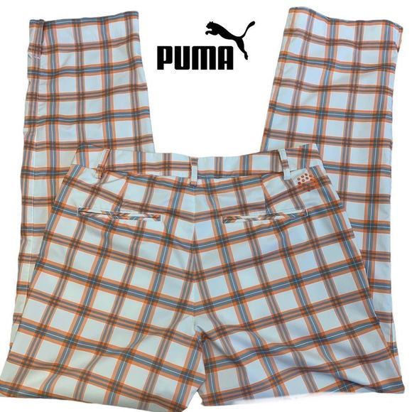 Puma Pants - Puma White, Orange & Brown Plaid Straight Leg Golf Pants